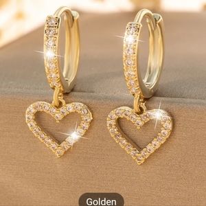 Heart-Shaped Inlaid Zircon Hoop Drop Earrings 14K Gold Plated